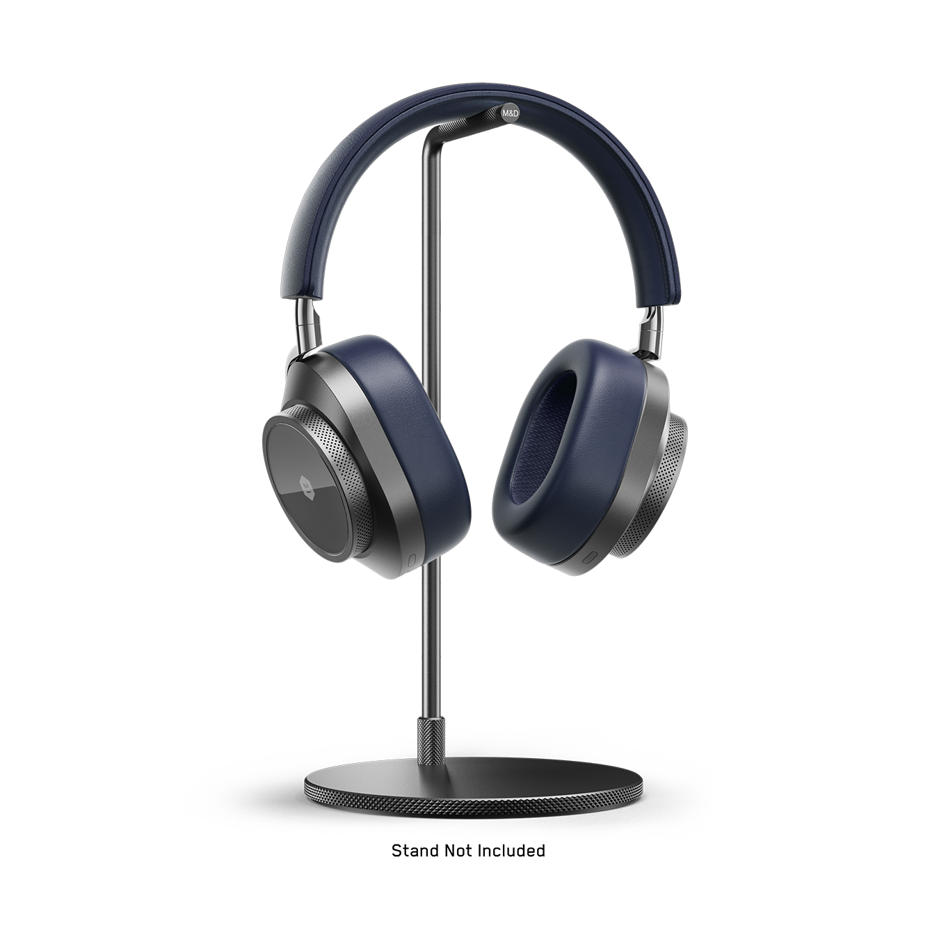 Silver and navy MW75 Active Noise-Cancelling Headphones placed on a navy headphone stand | gallery MW75G4