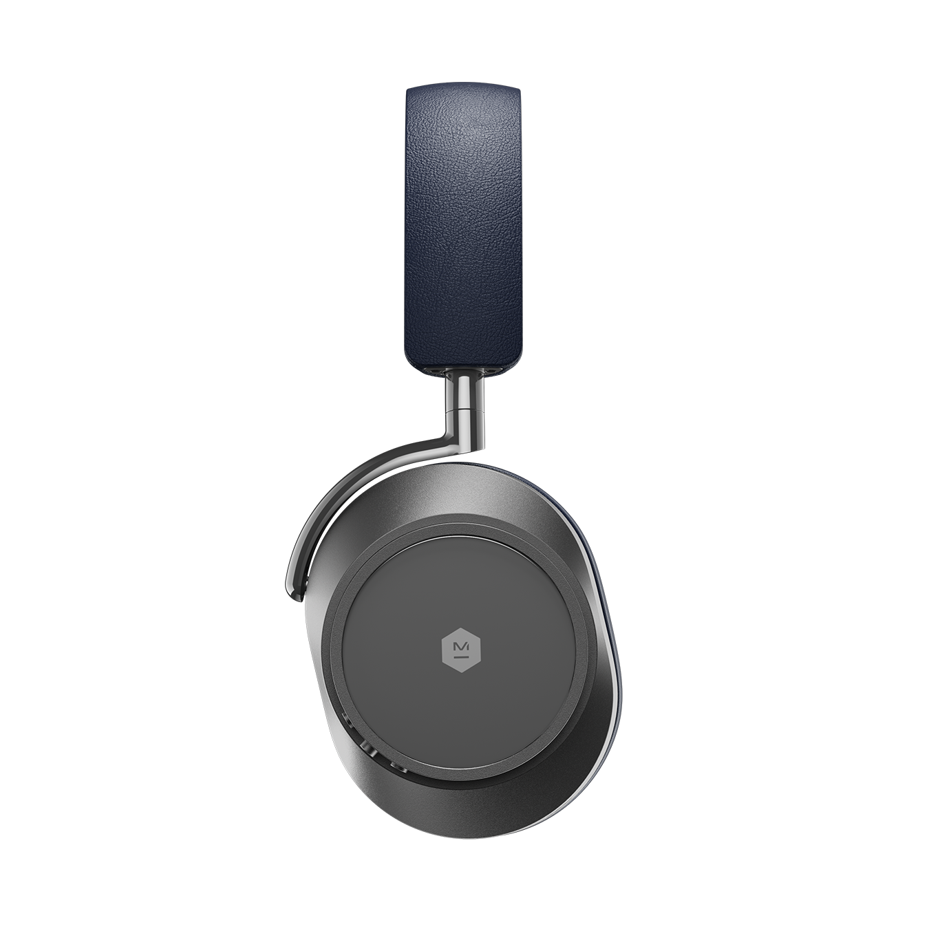 Side view of silver and navy MW75 Active Noise-Cancelling Headphones showing headband and sapphire glass ear cup | gallery MW75G4