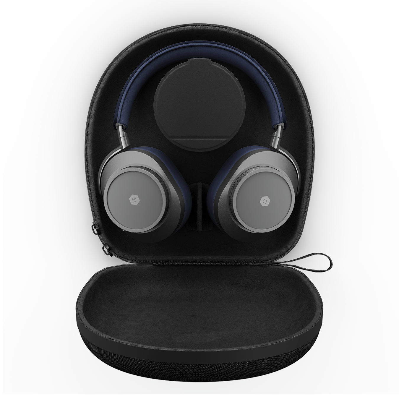 Silver and navy MW75 Active Noise-Cancelling Headphones shown inside an open black hard shell carrying case with black accessories container | gallery MW75G4
