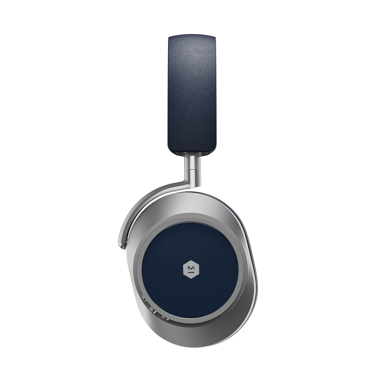 Side view of silver and navy MW75 Active Noise-Cancelling Headphones showing headband and sapphire glass ear cup | gallery MW75S4