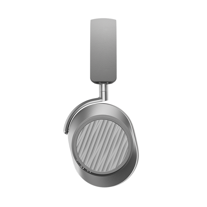 Side view of silver TUMI MW75 Active Noise-Cancelling Headphones showing headband and custom designed ear cup | gallery MW75S-TUMI