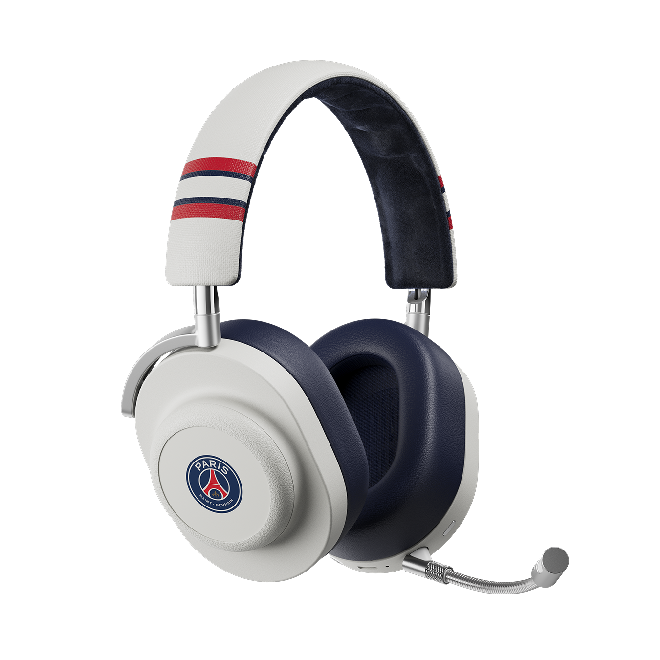 Floating white and graphite grey Paris Saint-Germain MG20 Wireless Gaming Headphones with detatchable boom microphone