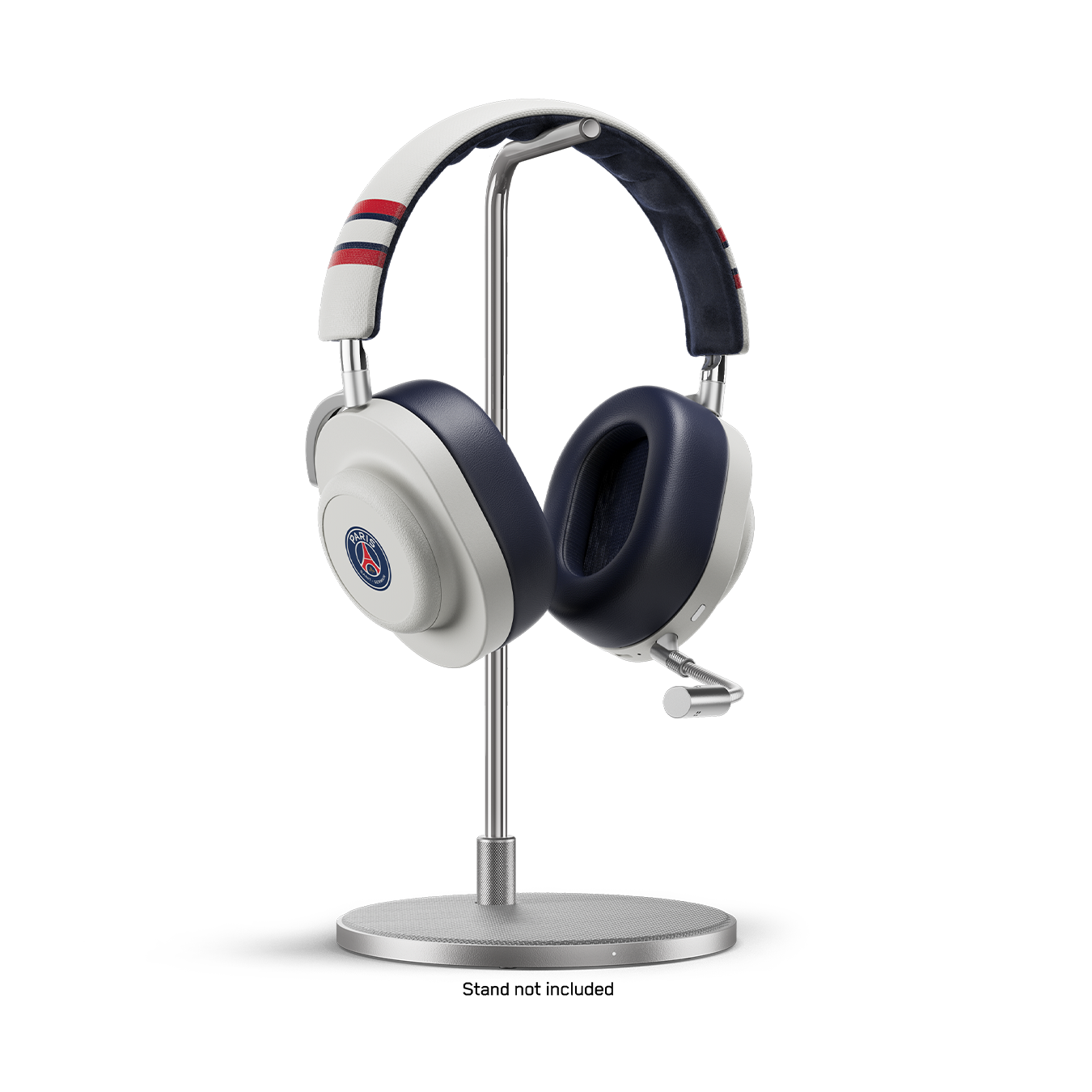 White and graphite grey Paris Saint-Germain MG20 Wireless Gaming Headphones with detachable boom microphone placed on a silver headphone stand.