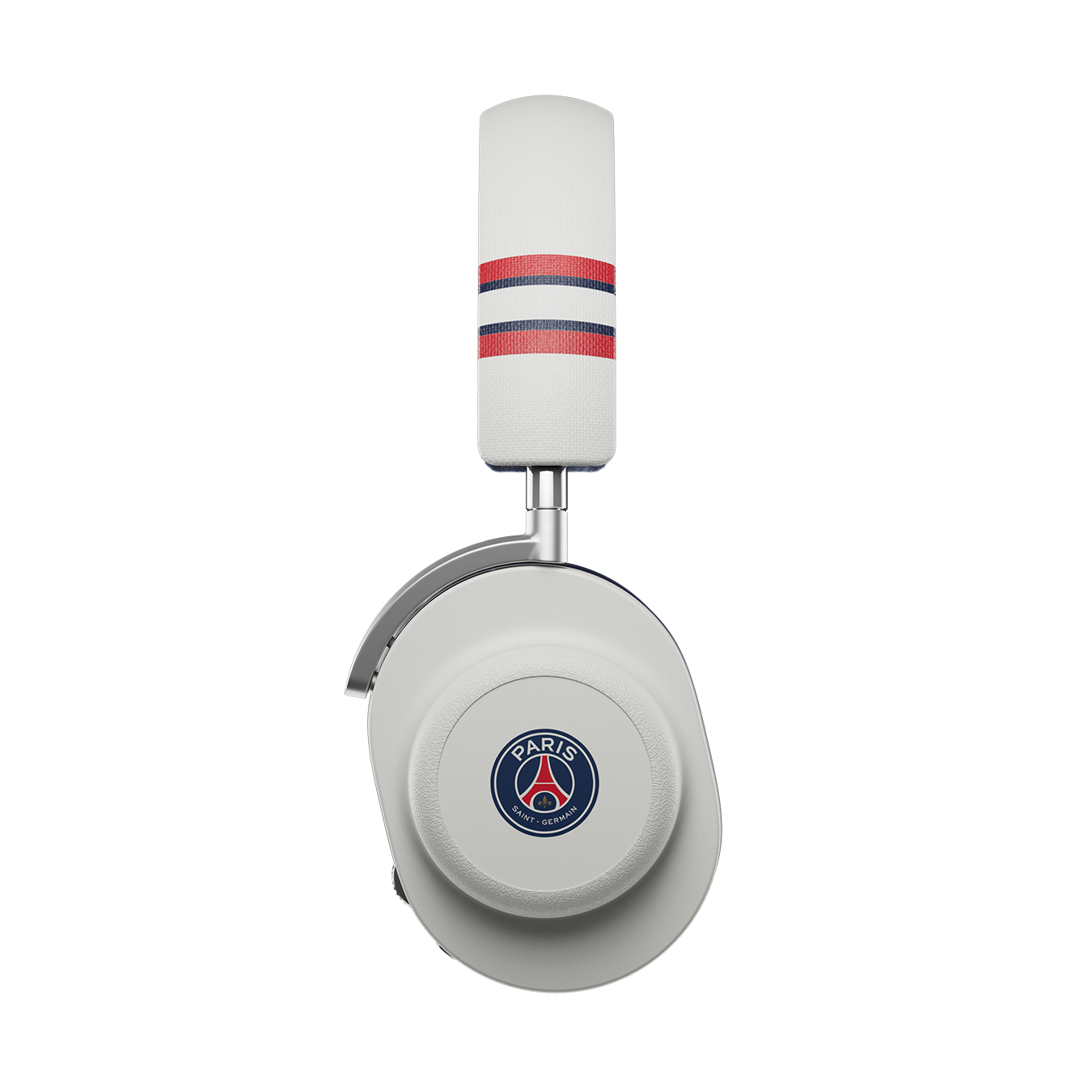 Side view of white and graphite grey Paris Saint-Germain MG20 Wireless Gaming Headphones showing headband and magnesium ear cup