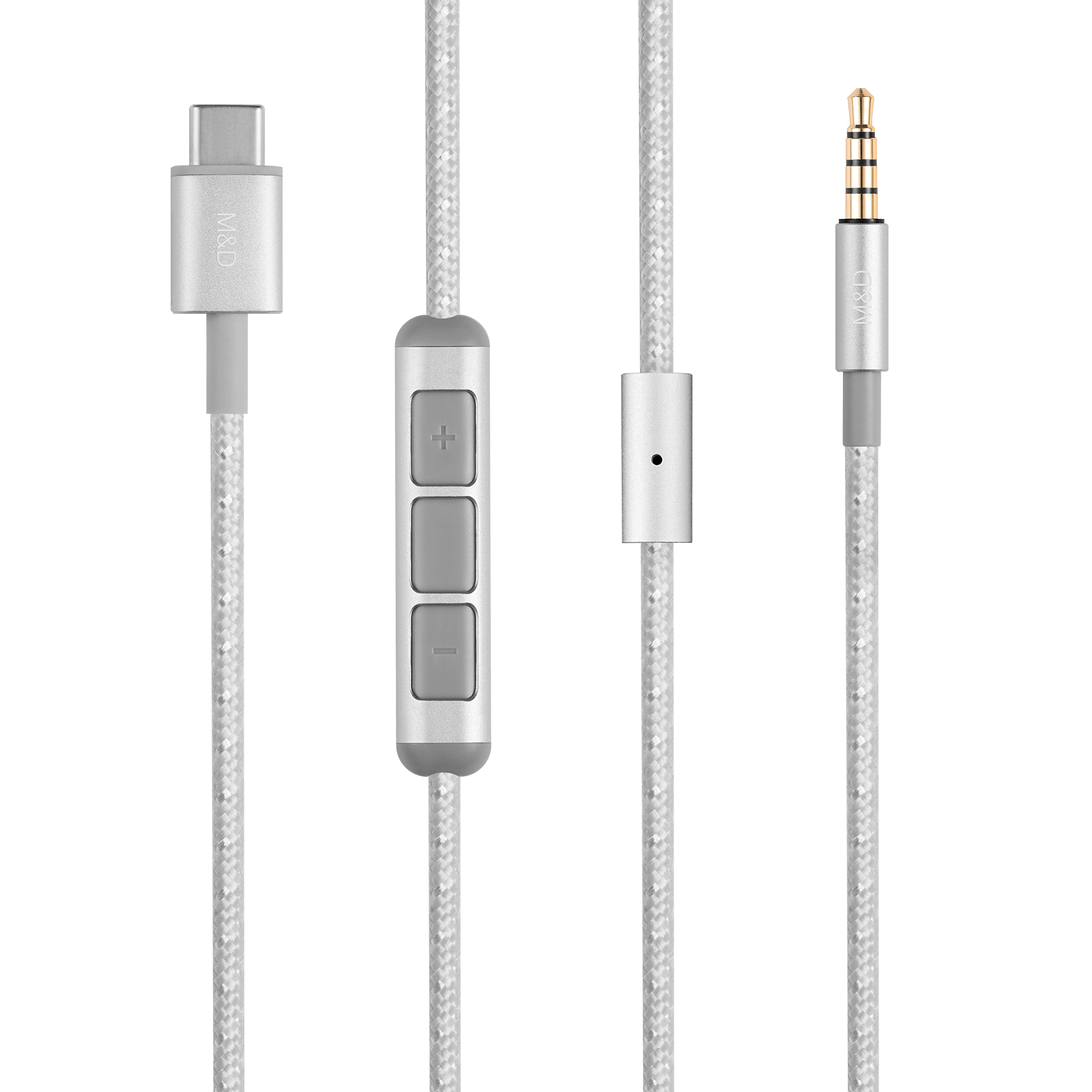 Close-up of a silver braided USB-C to 3.5mm audio cable with controls, inline microphone, and a 3.5mm headphone jack | gallery USBC-CRDSLV